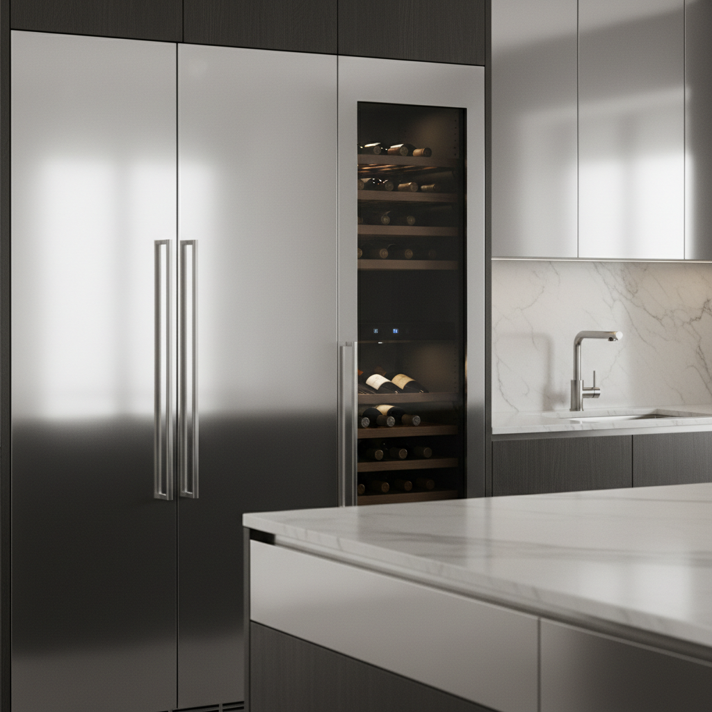 Modern high-end kitchen close-up with built-in refrigerator and wine cooler