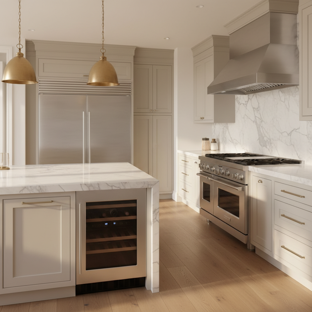 Luxury modern kitchen with stainless steel refrigerator and wine cooler
