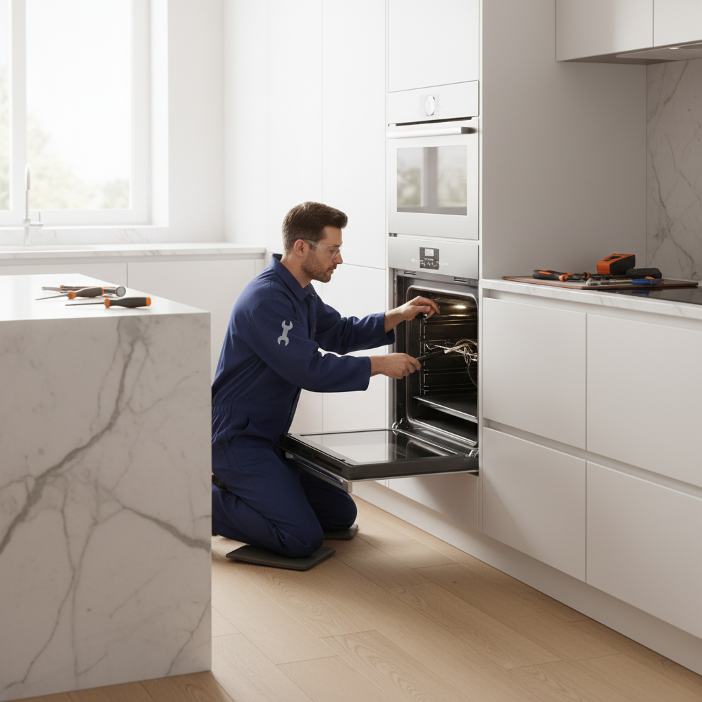 Appliance repair technician repairing a built-in oven in a modern kitchen